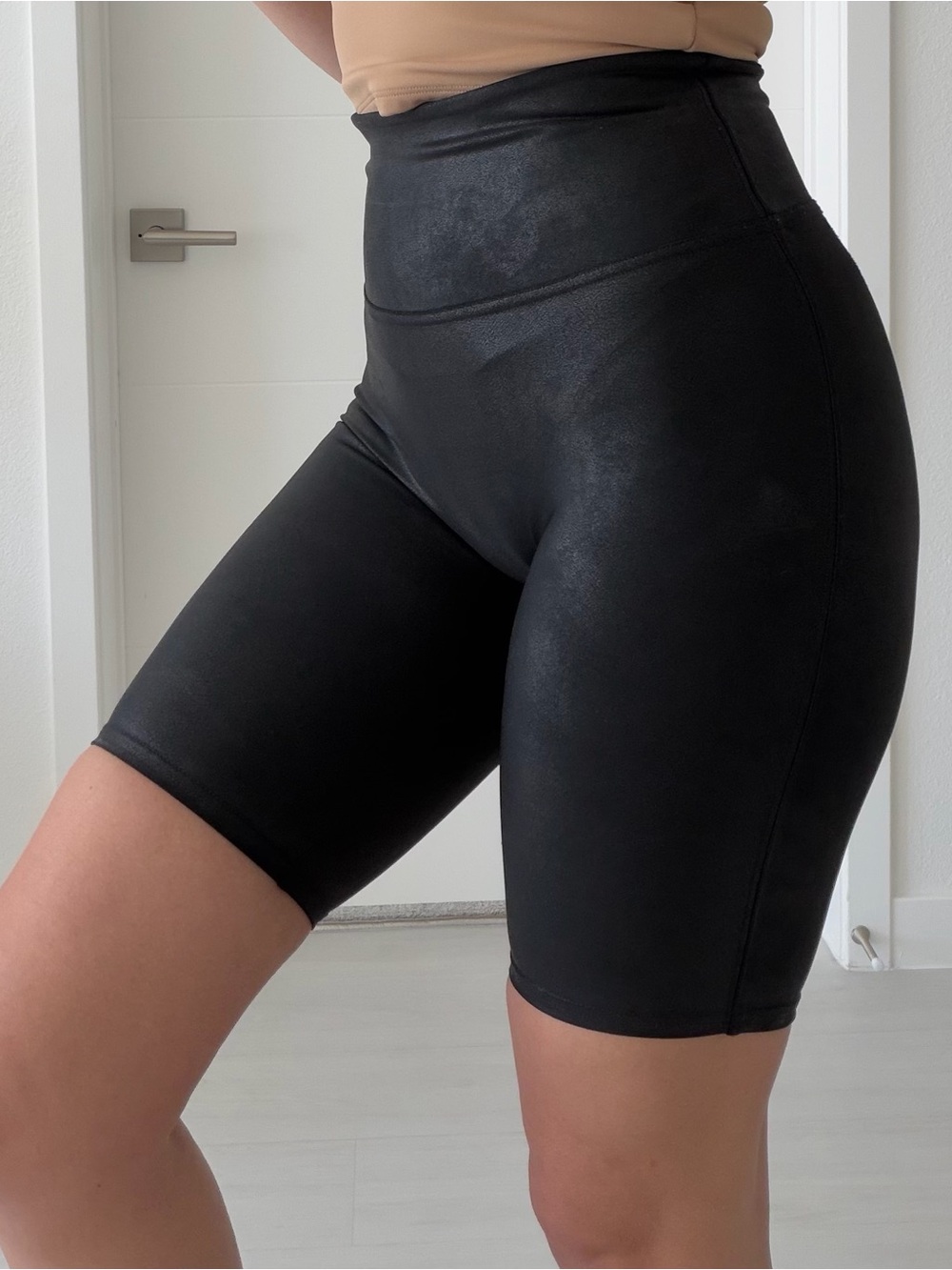 High-Waist Black Faux Leather Bike Shorts